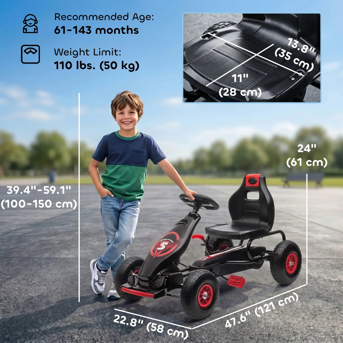 Kids Pedal Go Kart, Adjustable Seat, Rubber Wheels, Hand Brake, 5-12 Years, Red Pedal Go Karts for Kids at Gallery Canada