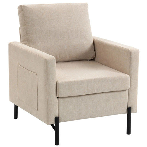 Modern Upholstered Armchair With Side Pockets, Cushion, Beige