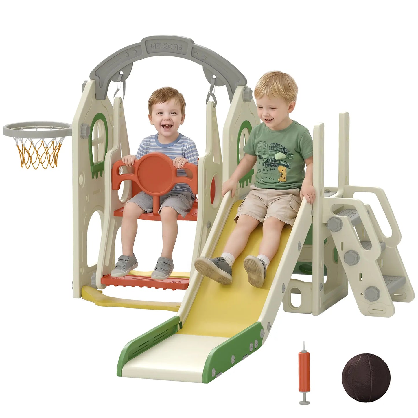 Ensemble de toboggan et balançoire pour tout-petits 5-en-1 avec siège réglable, crème