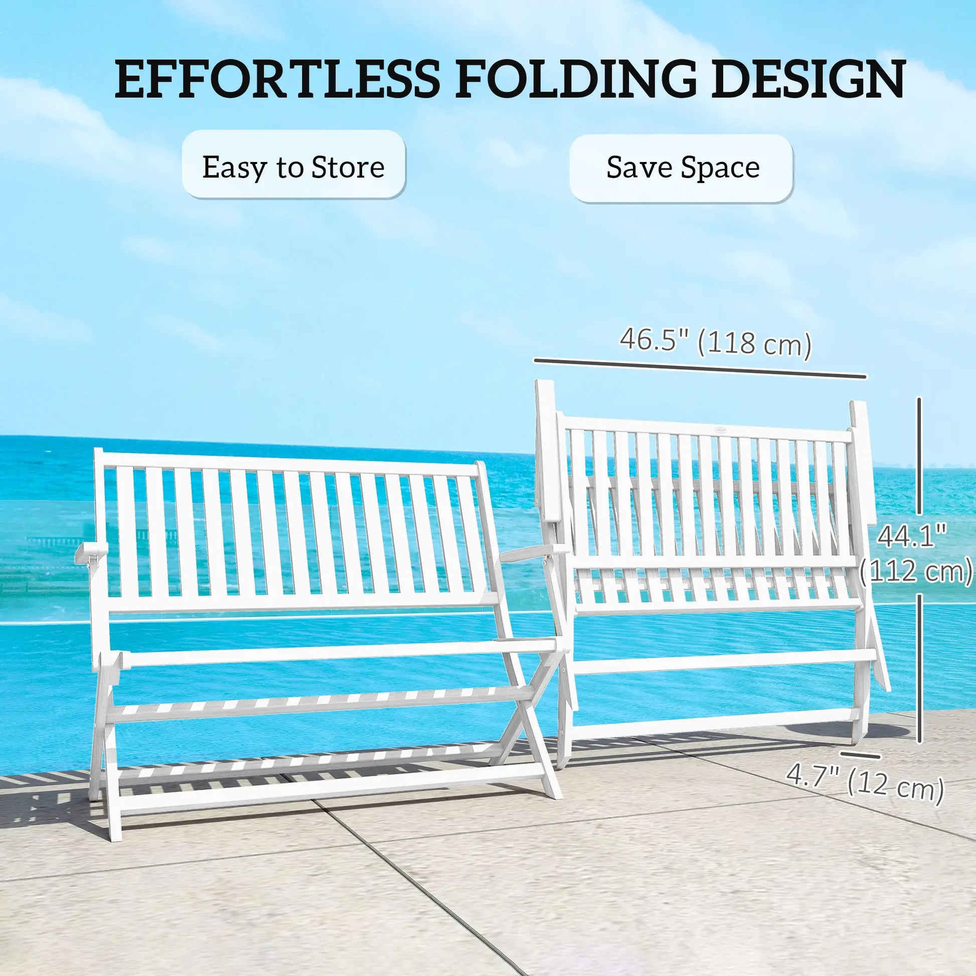 46.5" Foldable Wood Outdoor Bench, Backrest and Armrests, White Patio Chairs at Gallery Canada