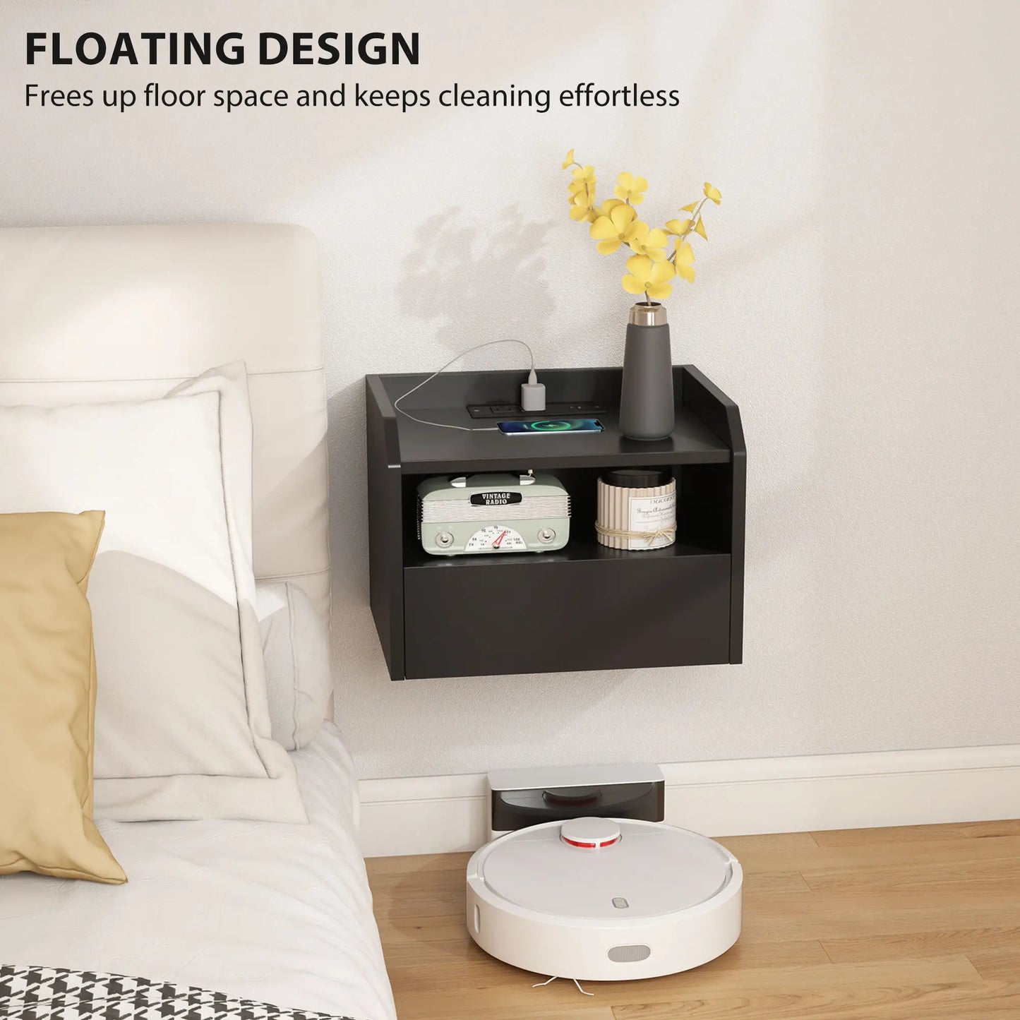 Wall Mounted Bedside Table, Set of 2 with Charging Station, Black Bedside Tables at Gallery Canada