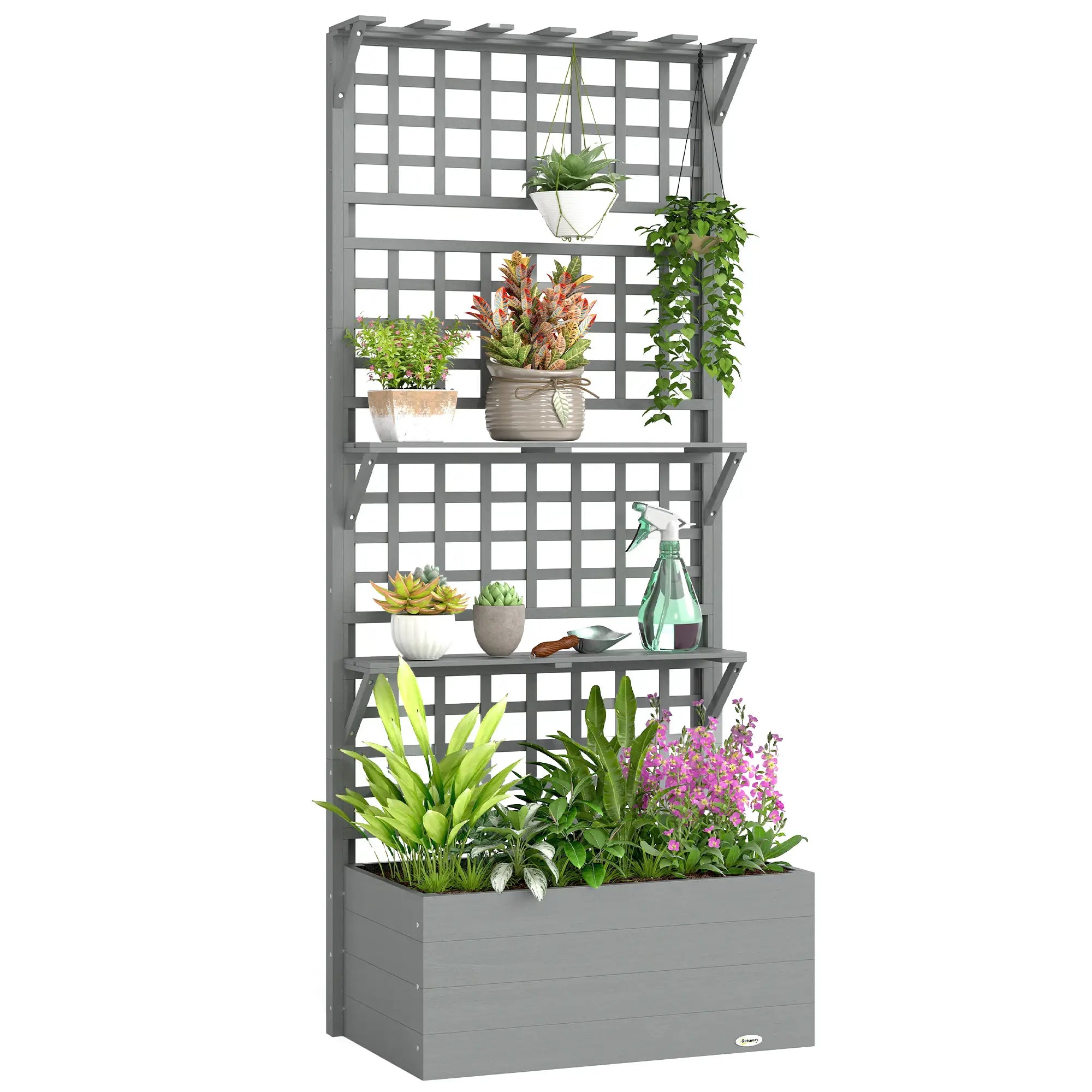 Wooden Raised Garden Bed With Trellis, Roof, 2 Shelves, Grey Wooden Planter Boxes at Gallery Canada