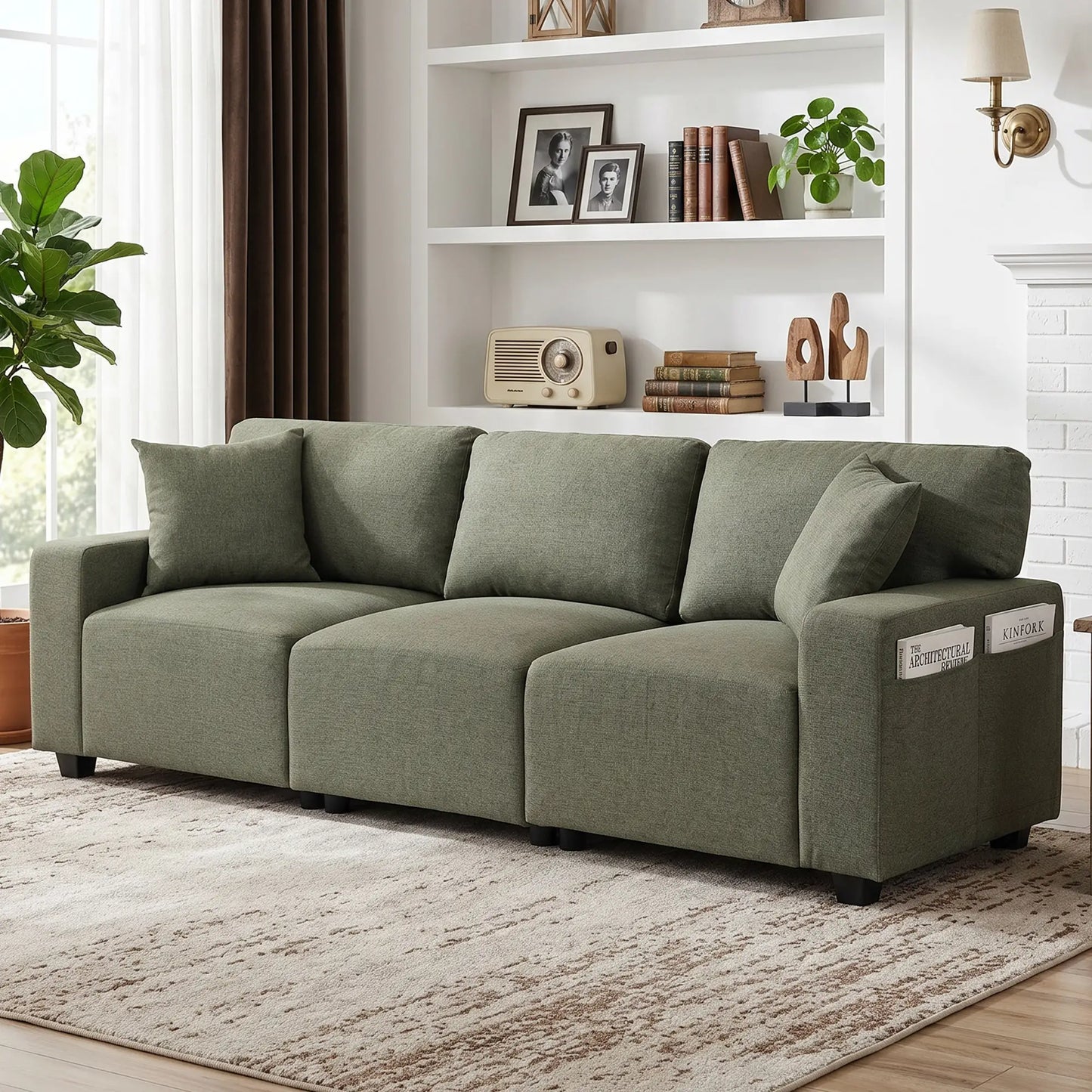 3 Seater Sofa With Storage Pockets, Modern Upholstered Couch, Green