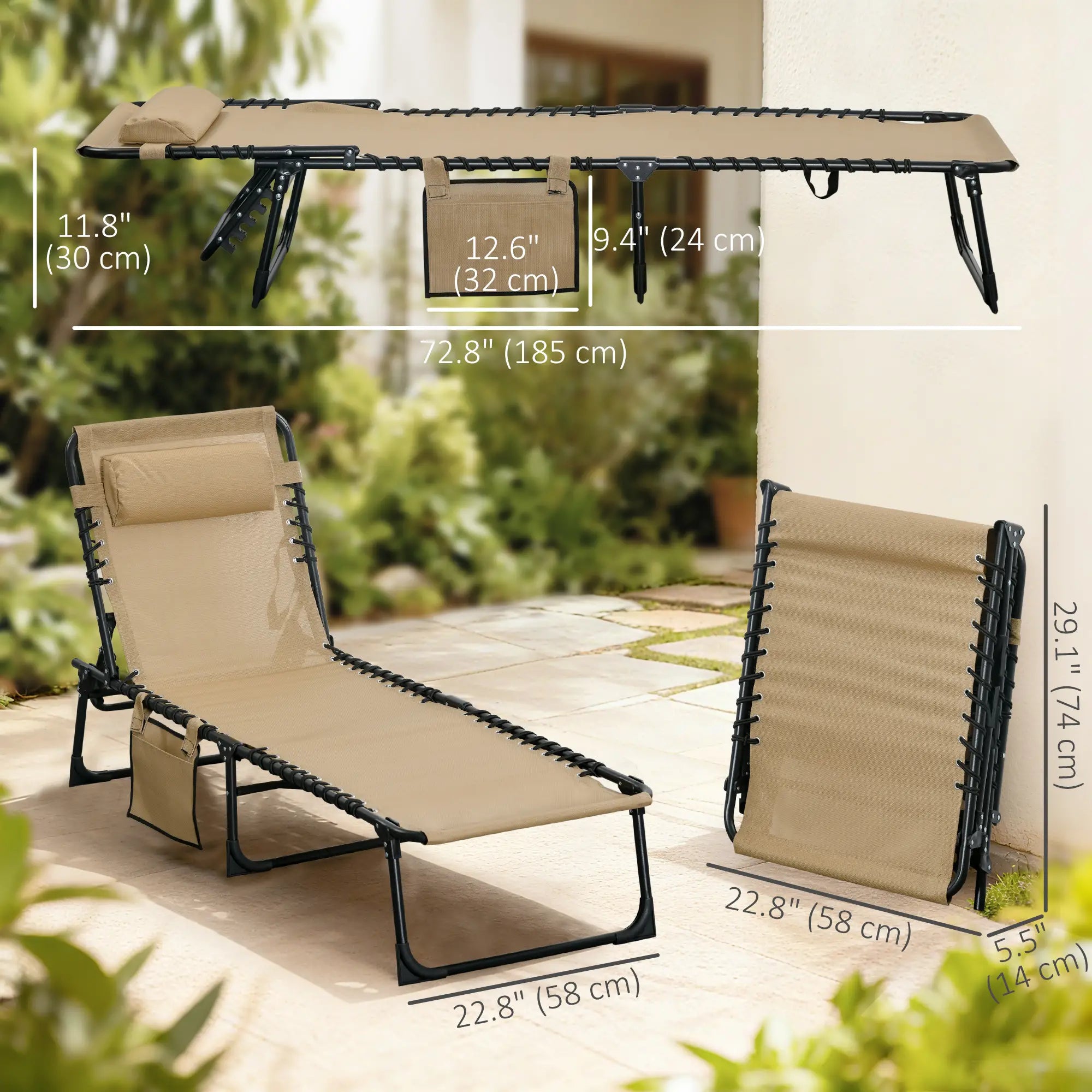 Outdoor Folding Chaise Lounge, Adjustable Backrest, Removable Pillow, Beige Lounger Chairs at Gallery Canada