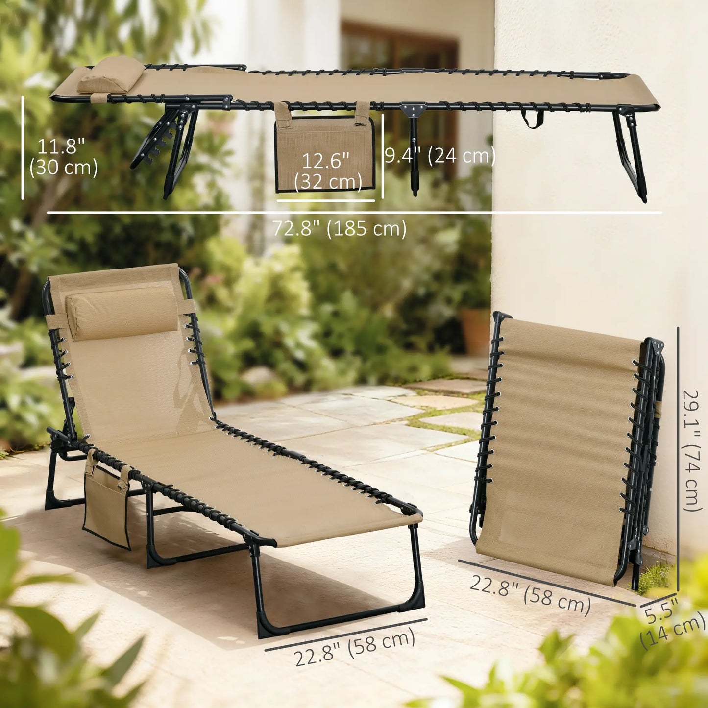 Outdoor Folding Chaise Lounge, Adjustable Backrest, Removable Pillow, Beige Lounger Chairs at Gallery Canada