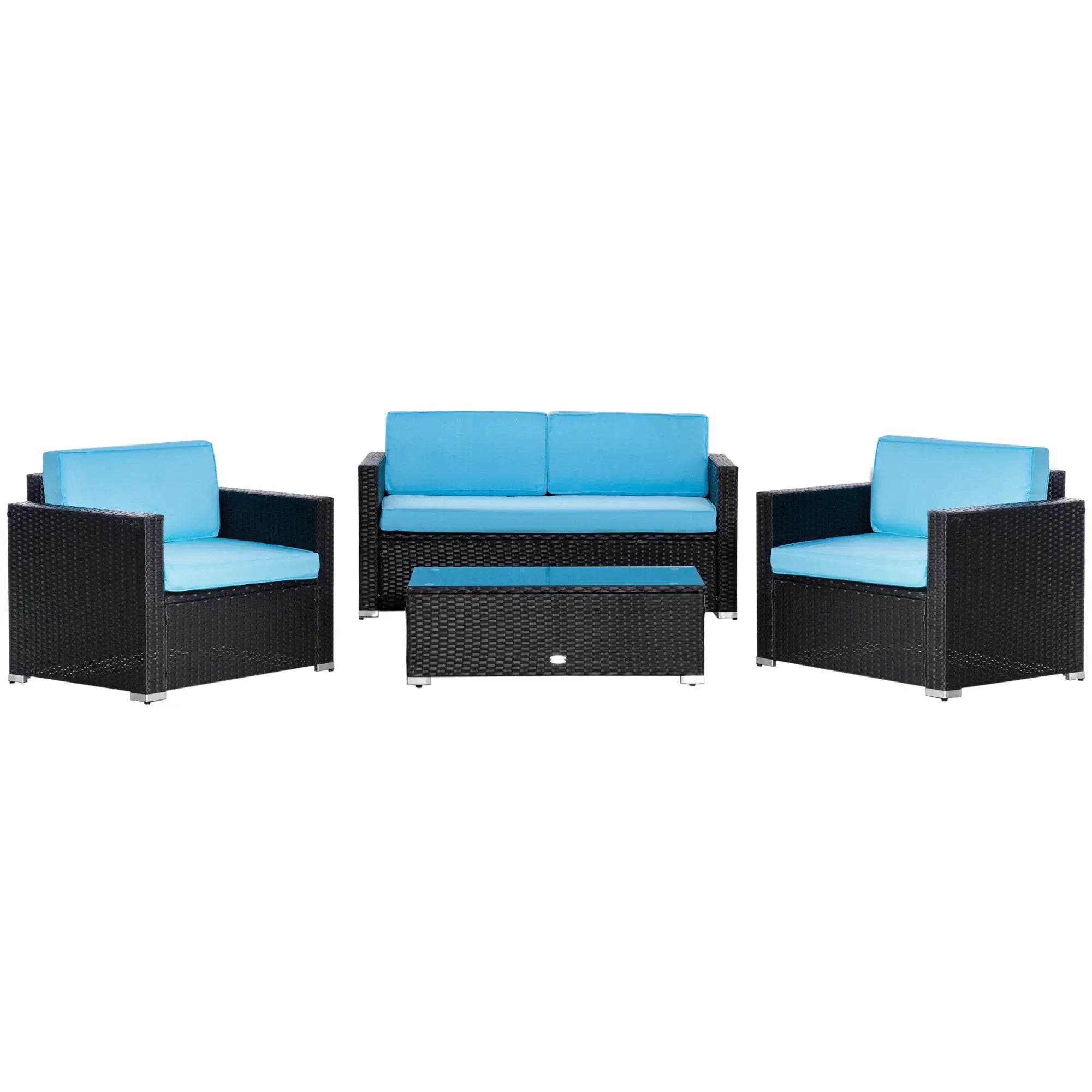 4-Piece Wicker Patio Set, Thick Cushions, PE Rattan Sofa, Glass Table, Sky Blue Patio Furniture Sets at Gallery Canada