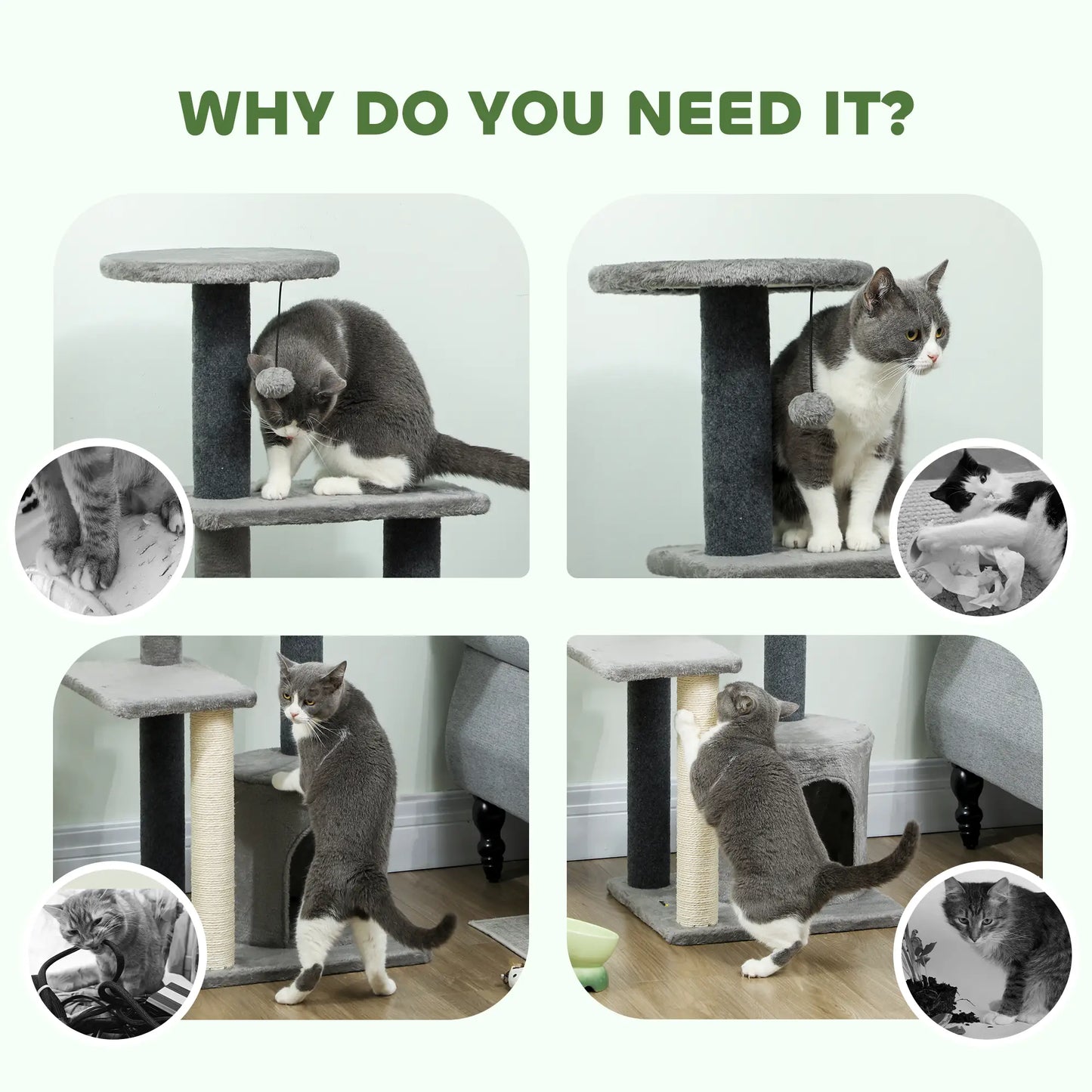 Cat Tree Tower, Multi-Level, Sisal Scratching Post, Large 41"H, Grey Compact Towers at Gallery Canada