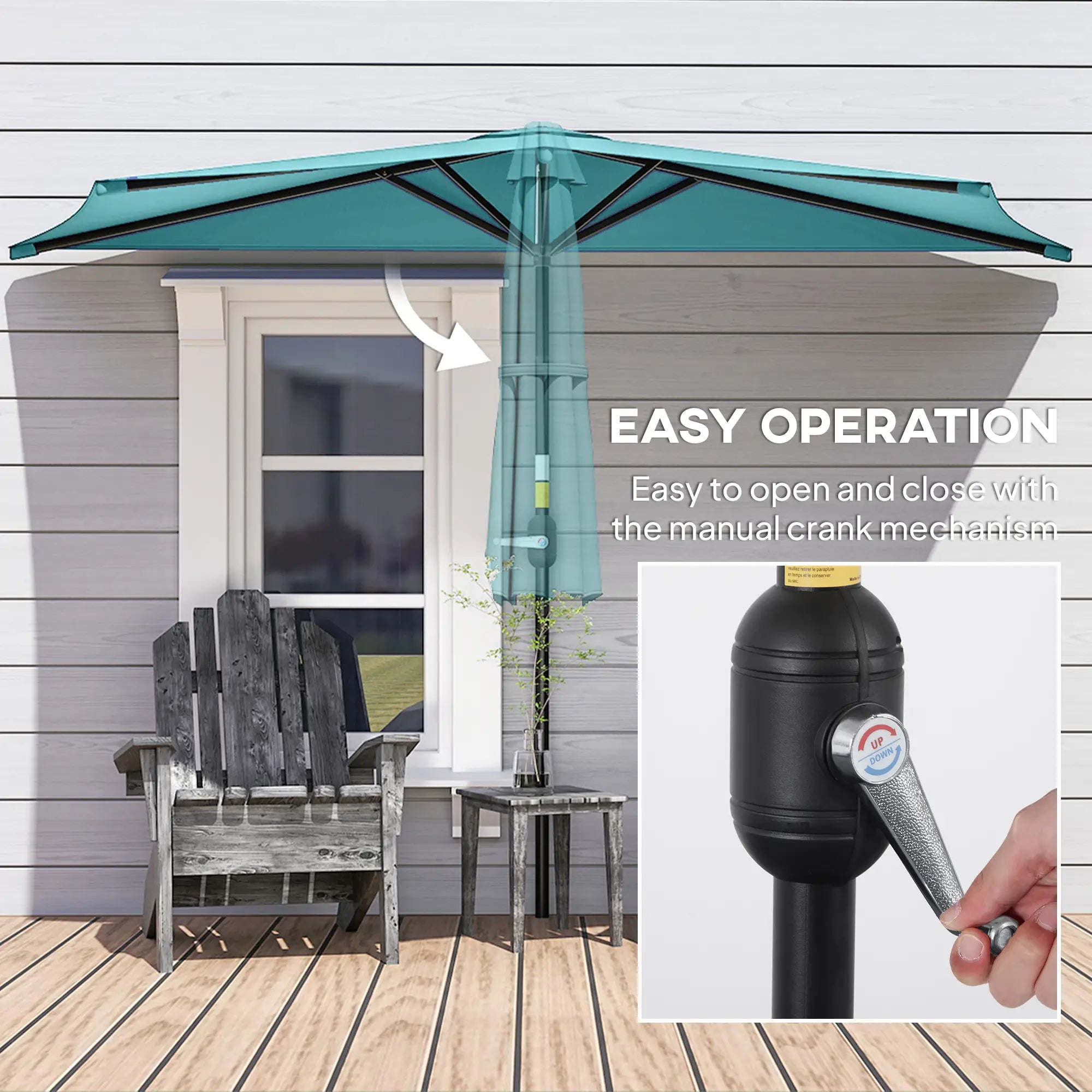 9.8ft Semi Round Patio Umbrella, Crank Handle, Top Vent, Light Blue Half Round Umbrellas at Gallery Canada