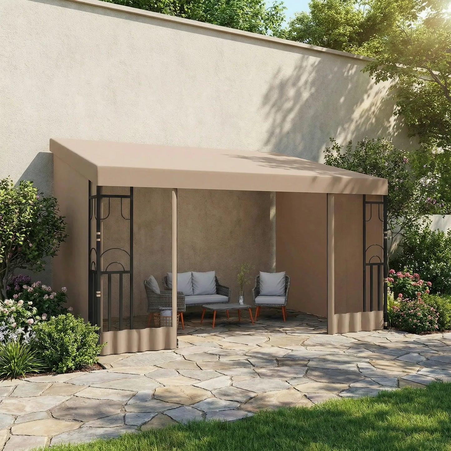 10' x 13' Wall Pergola, Outdoor Gazebo with Curtains, Nettings, Khaki Pergolas at Gallery Canada