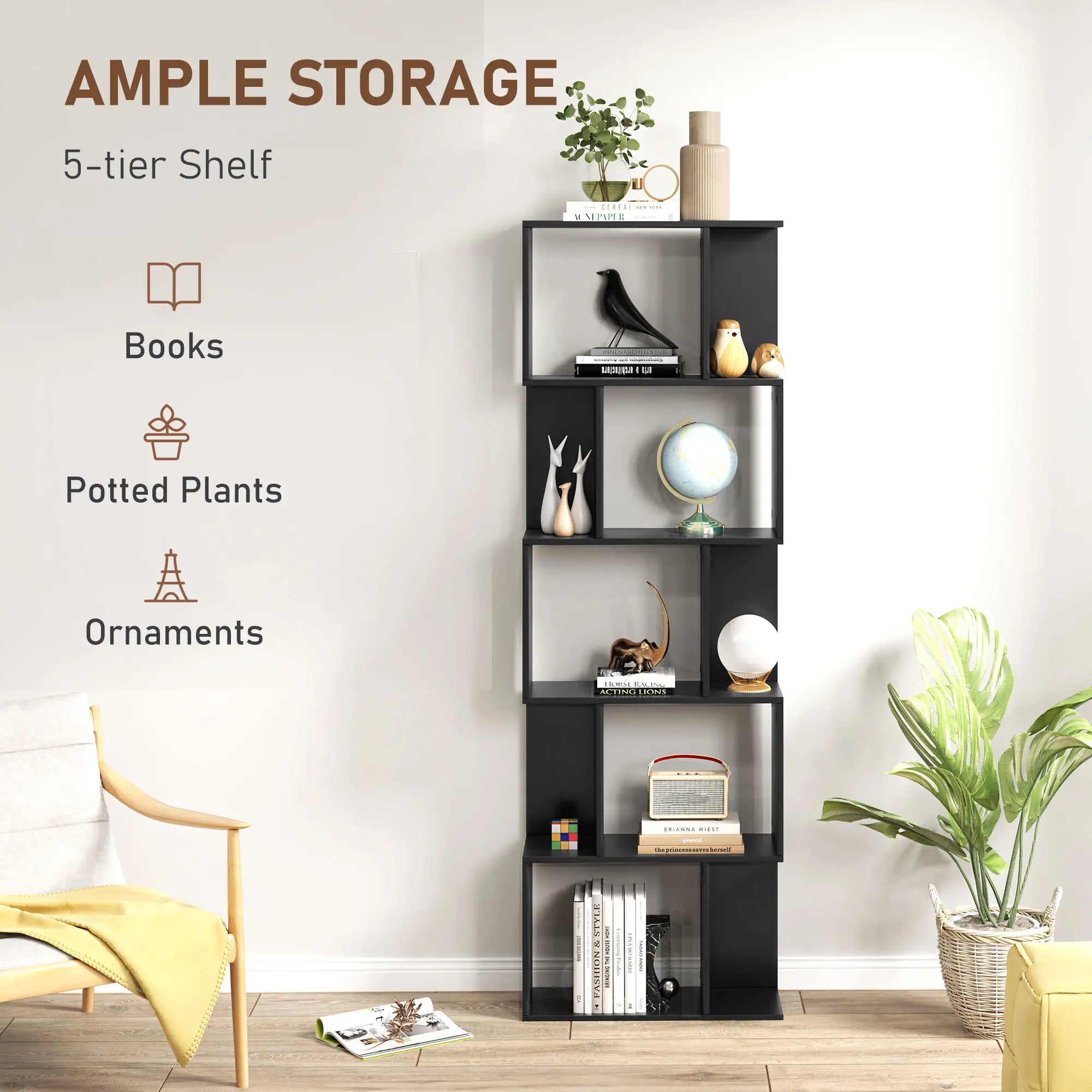 5-Tier Geometric Bookshelf, S Shaped Bookcase, Black Display Bookshelves at Gallery Canada