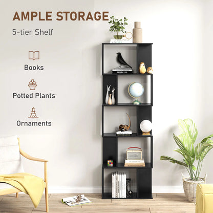 5-Tier Geometric Bookshelf, S Shaped Bookcase, Black Display Bookshelves at Gallery Canada