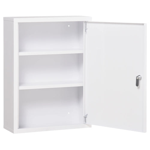 Lockable Medicine Cabinet, 3 Tier Steel Wall Box, 2 Keys, Shelves, White
