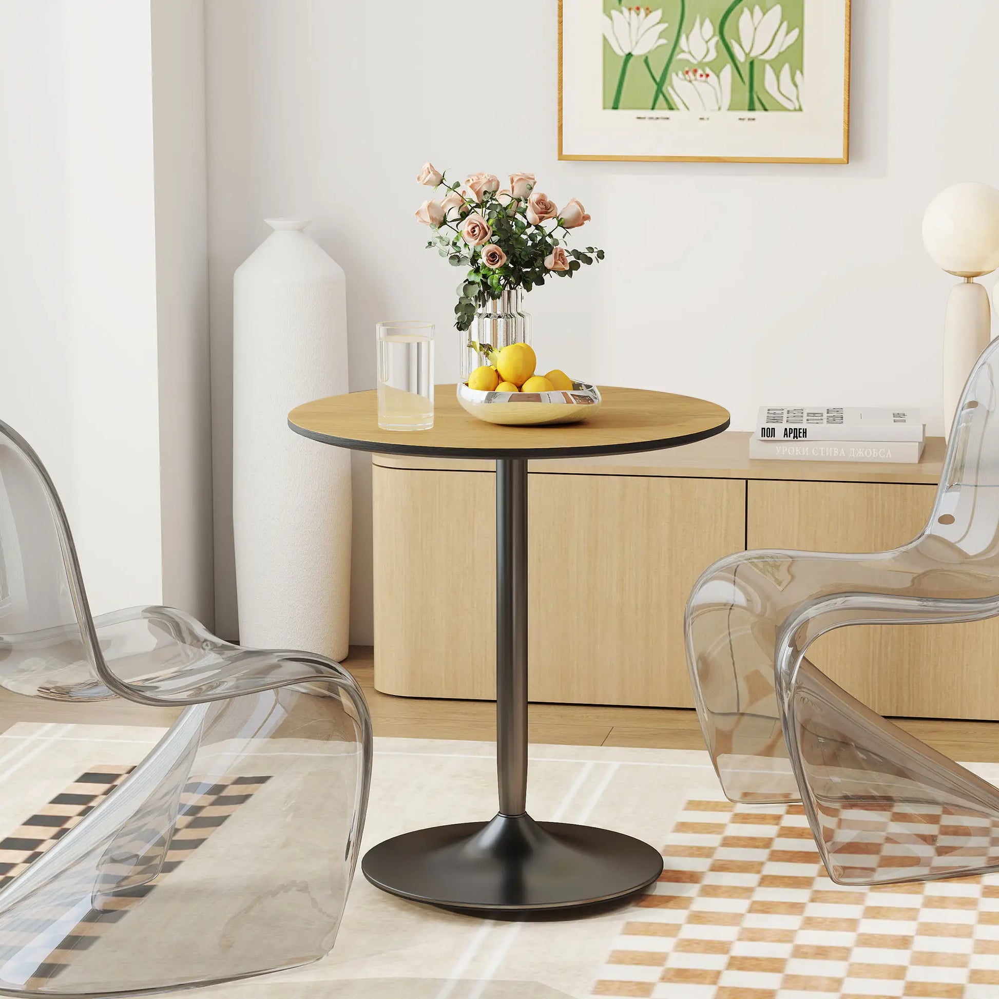 27.6" Round Kitchen Table for 2, Wood Veneer, Steel Base, Natural Dining Tables at Gallery Canada