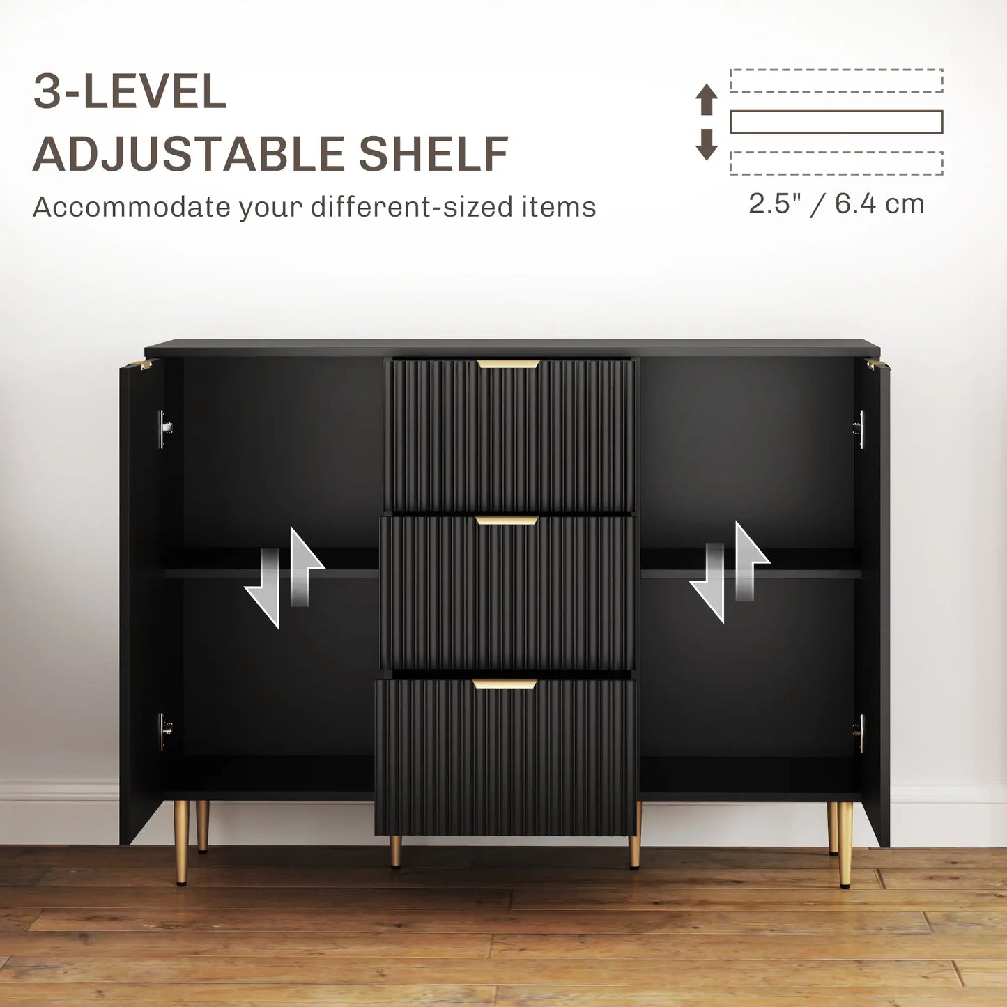 Modern Kitchen Storage Cabinet, 3 Drawers, Adjustable Shelves, Black Bar Cabinets at Gallery Canada