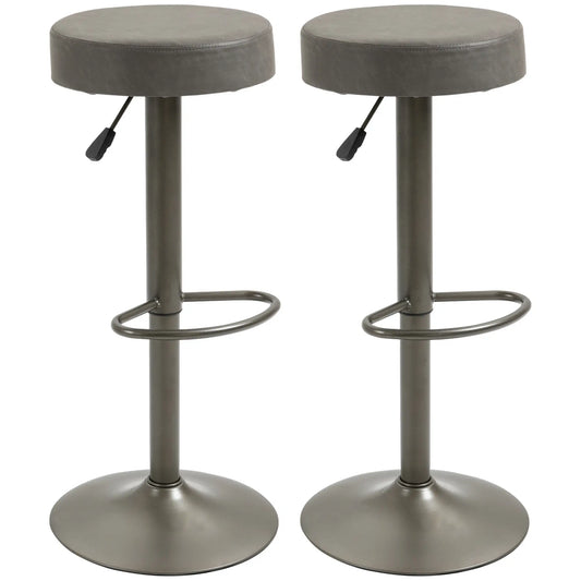 Adjustable Bar Stools Set of 2, Swivel with Footrest, PU Leather Round Top, Dark Grey Bar Stools Dark Grey, Gunmetal at Gallery Canada
