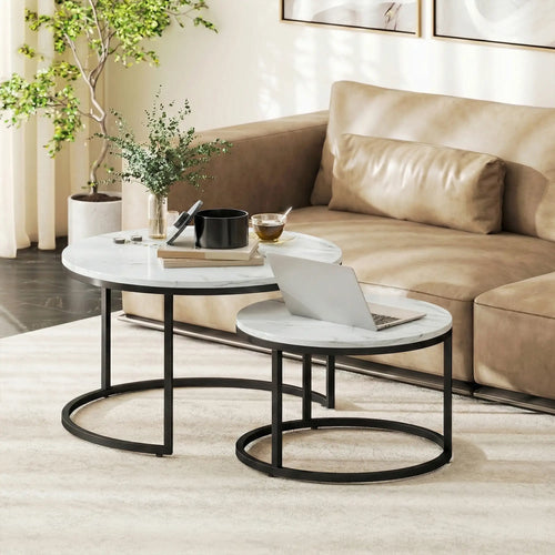 Modern Coffee Table Set, 2 Nesting Tables, Metal Base, Marble White, White