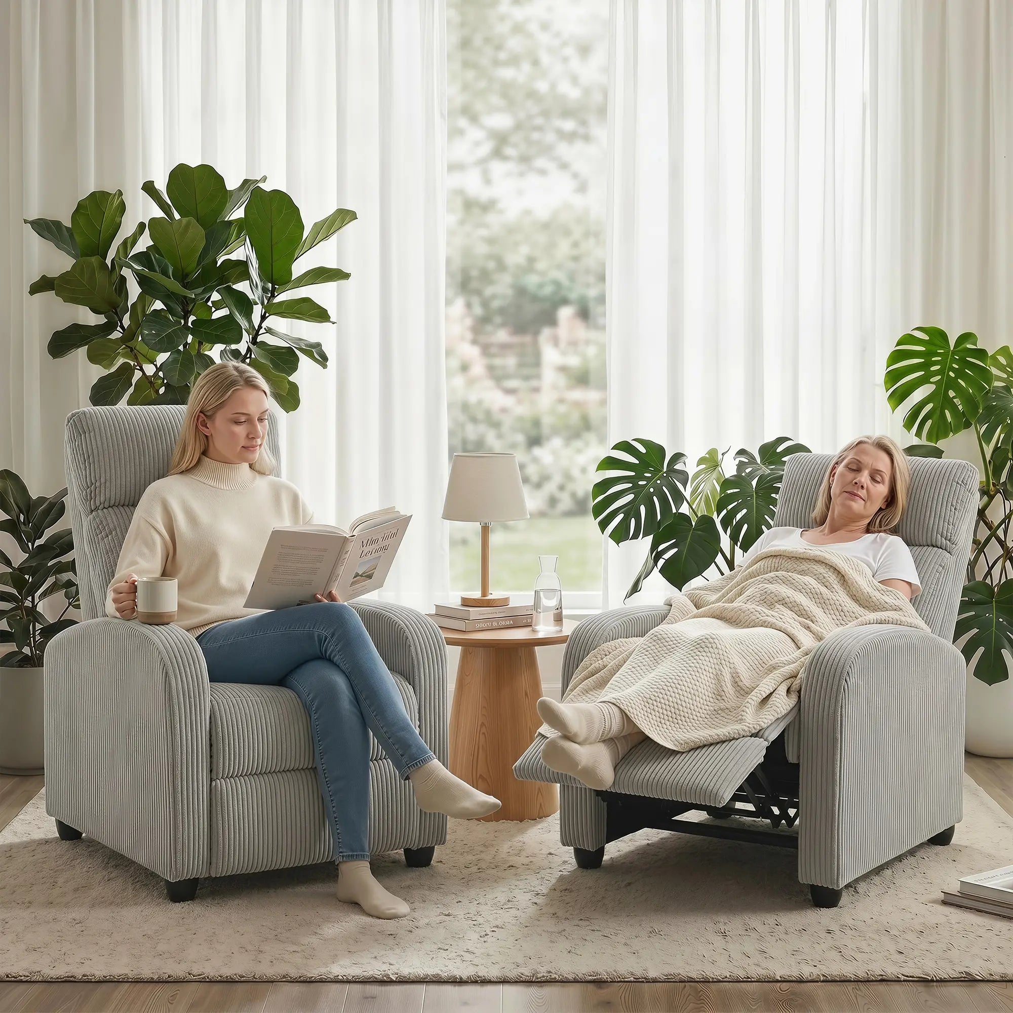 Corduroy Push Back Recliner Chair with Padded Seat, Grey Single Sofas at Gallery Canada