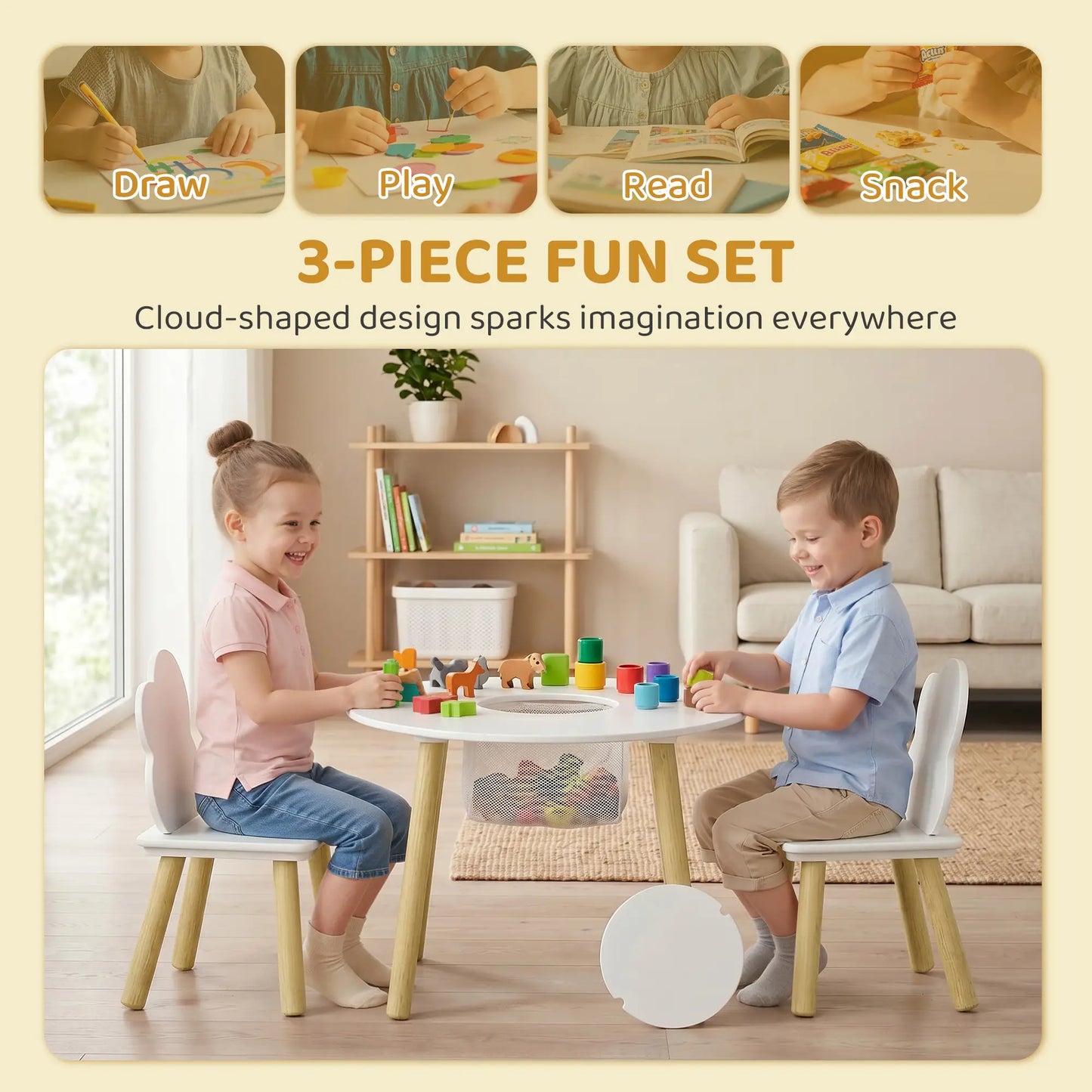 Kids Table and Chairs Set With Storage, White