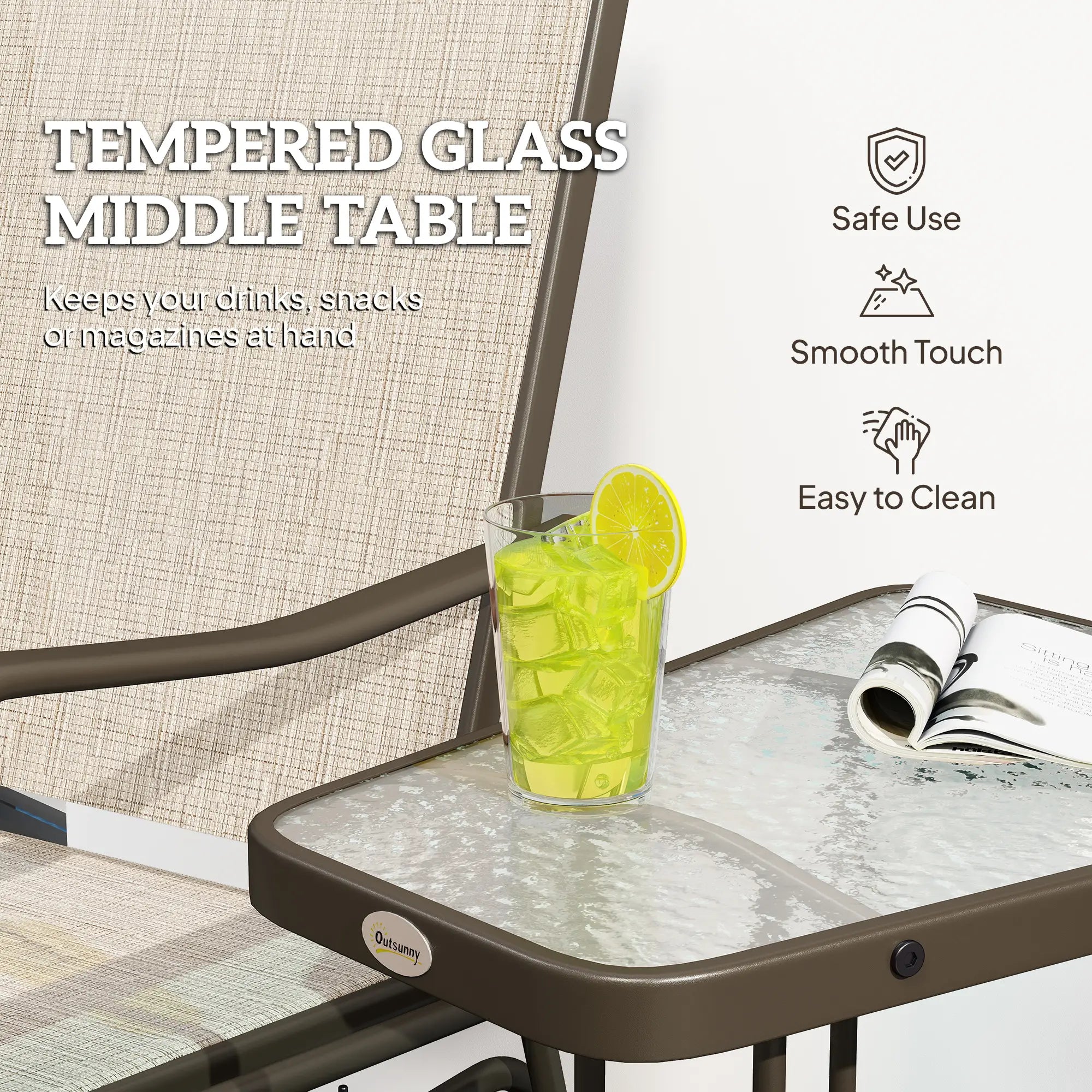 Double Patio Glider Chair, Glass Top Table, All Weather Mesh, Light Brown Outdoor Gliders at Gallery Canada