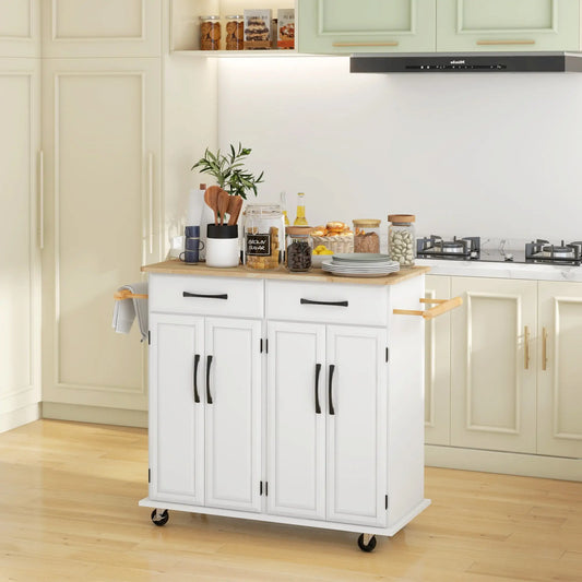 Kitchen Island on Wheels, Rubberwood Top, 2 Drawers, 4 Doors, Adjustable Shelves Kitchen Islands & Kitchen Carts White, Oak at Gallery Canada