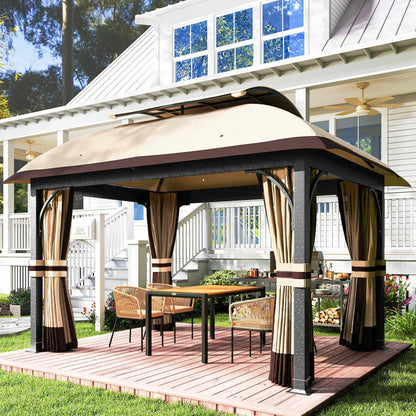 11' x 13' Patio Gazebo, Double Roof Canopy with Netting, Galvanized Frame, Khaki Gazebos at Gallery Canada
