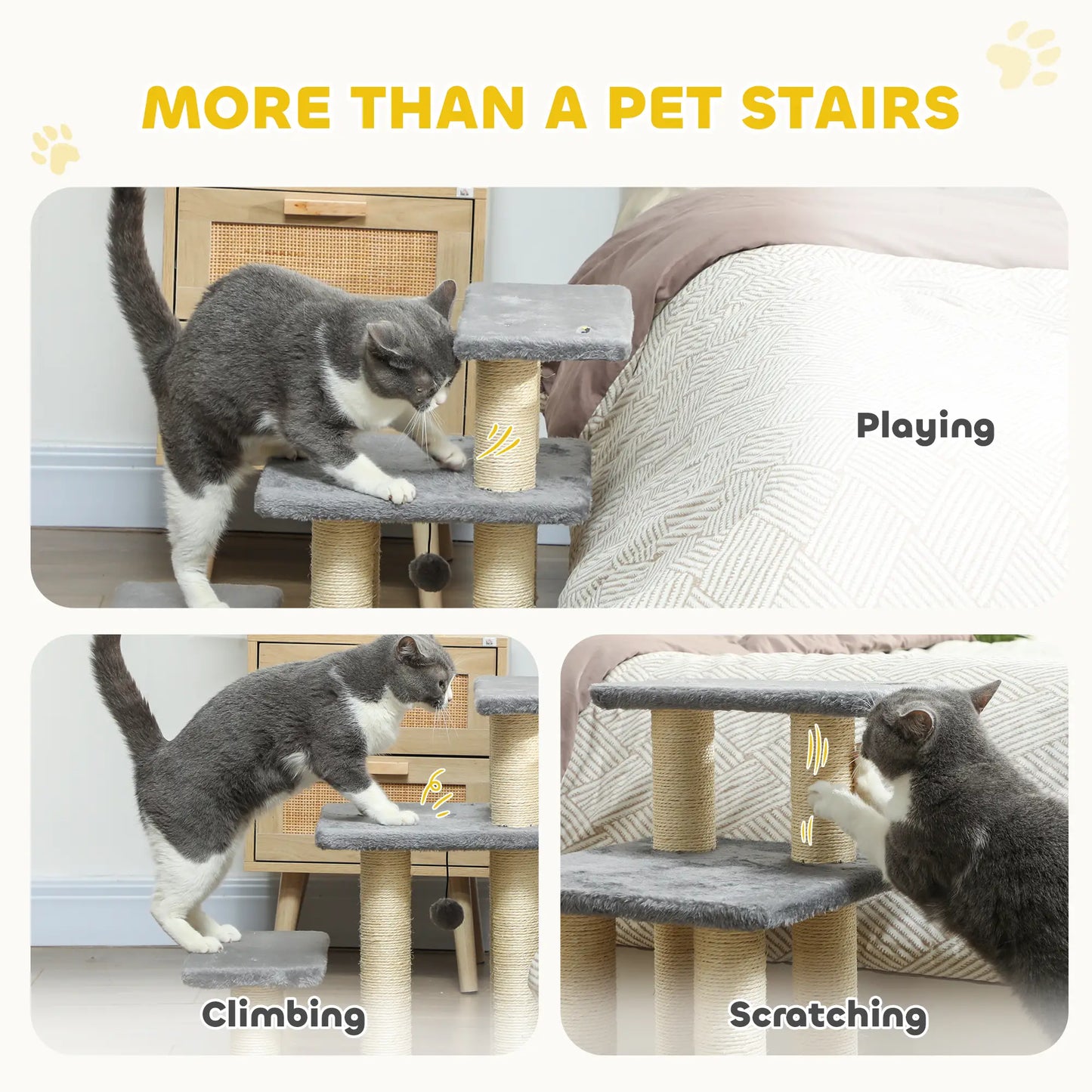 Cat Stairs with 2 Sisal Scratching Posts, 3-Tier Adjustable, Grey Dog Stairs at Gallery Canada