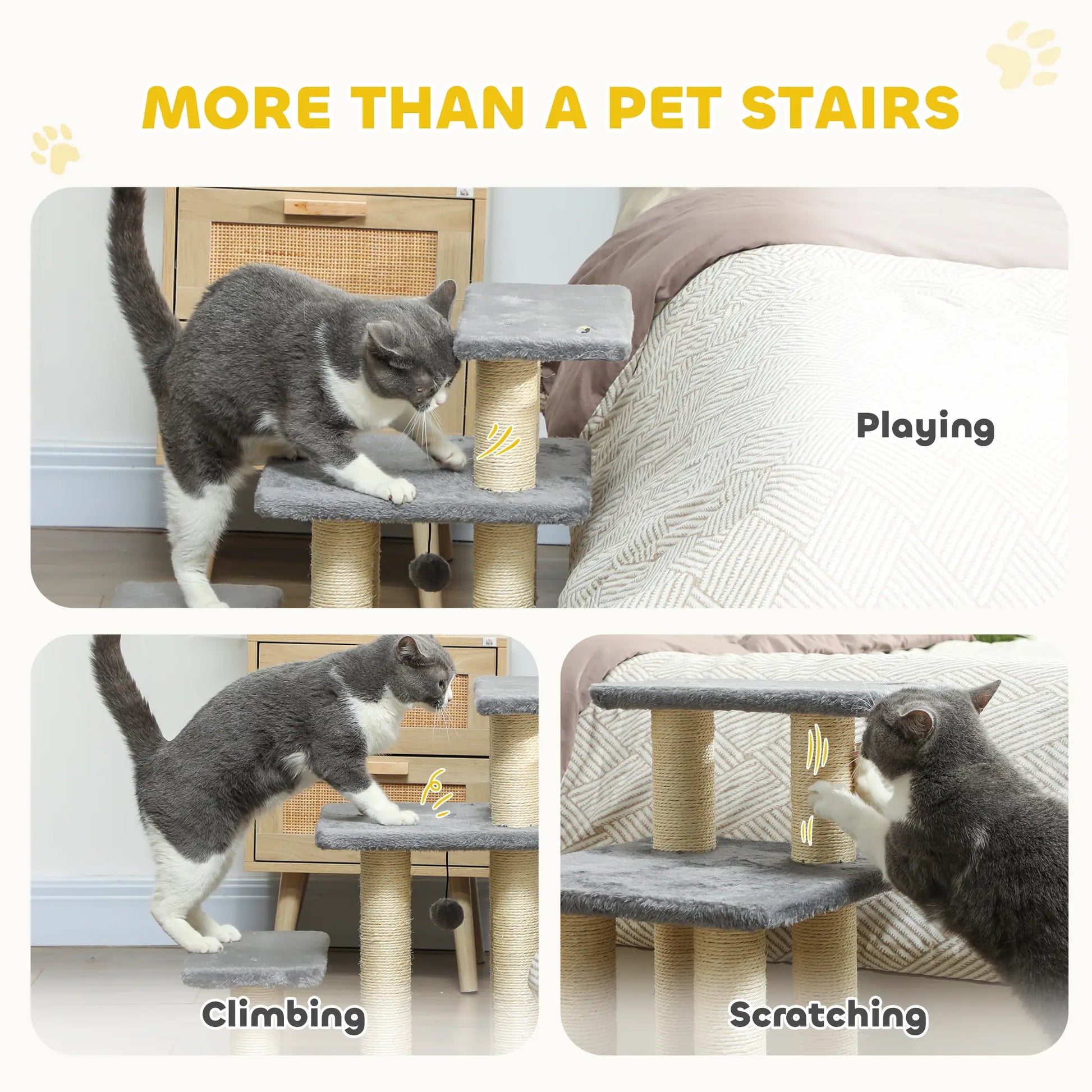 Cat Stairs with 2 Sisal Scratching Posts, 3-Tier Adjustable, Grey Dog Stairs at Gallery Canada