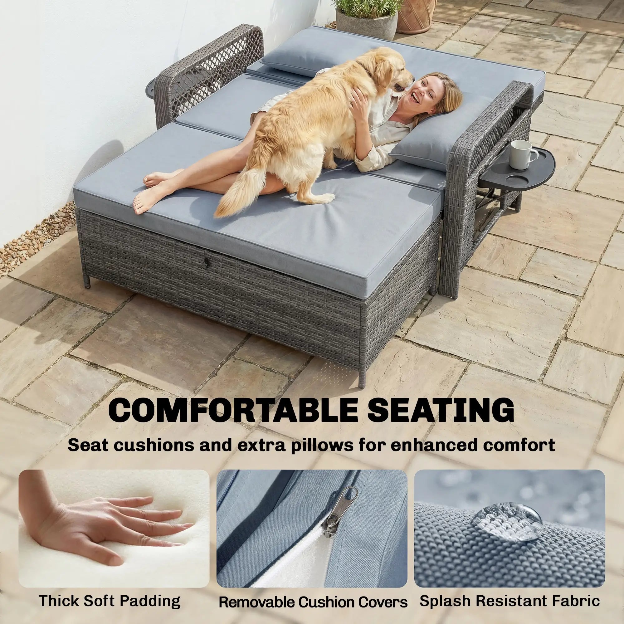 Patio Lounge Chair Set, 2 Pieces With Cushions, Adjustable Backrest, Side Trays Wicker Chaise Loungers at Gallery Canada