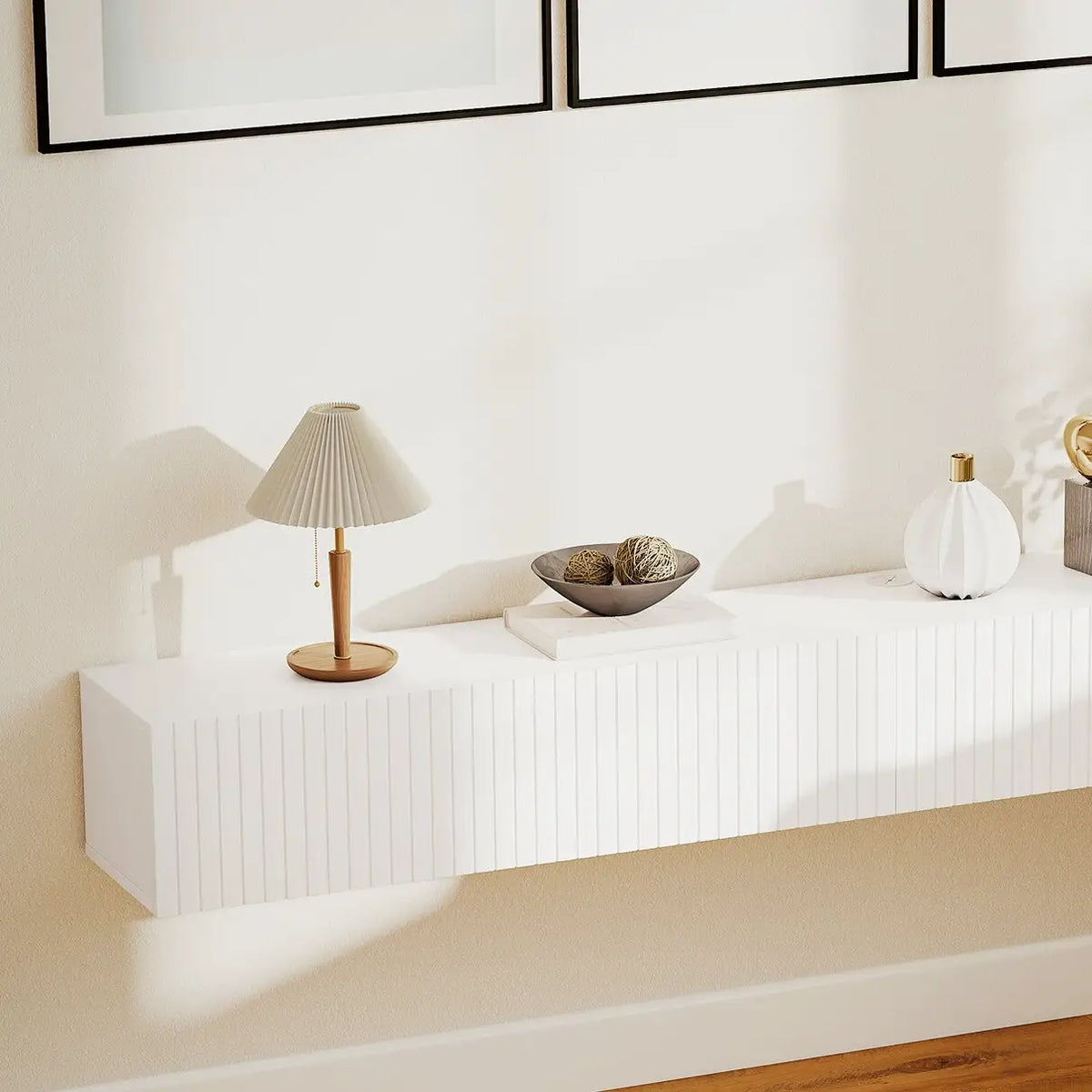 71 Inch Floating TV Stand, Wall Mount Media Console, 2 Fluted Doors, White TV Stands at Gallery Canada