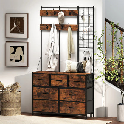 4-In-1 Coat Rack, 7 Drawer Fabric Dresser, Hall Tree 14 Hooks, Rustic Brown Clothing Storage at Gallery Canada