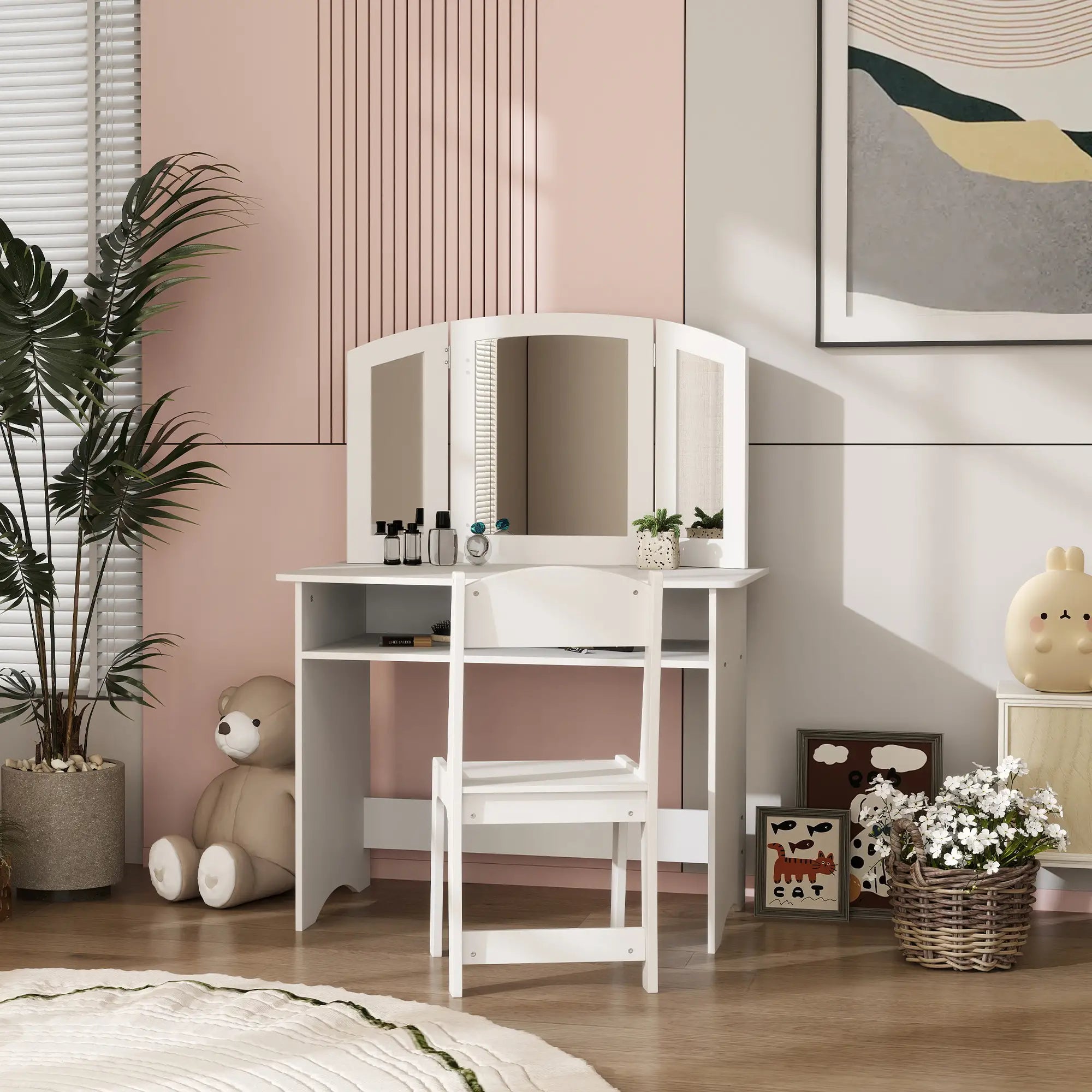 Kids Vanity Set, Tri-Folding Mirror, Stool, Storage Shelf Toy Vanity at Gallery Canada