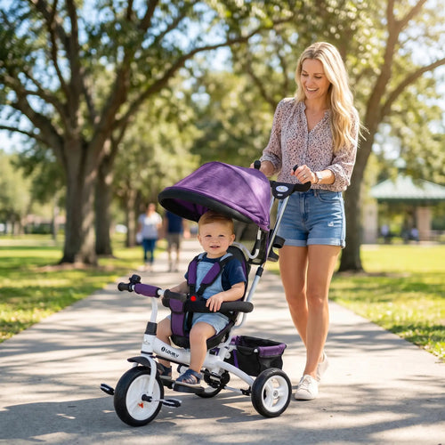 6 in 1 Toddler Tricycle Stroller, Basket, Canopy, 5-Point Harness, 12-60 Months, Purple