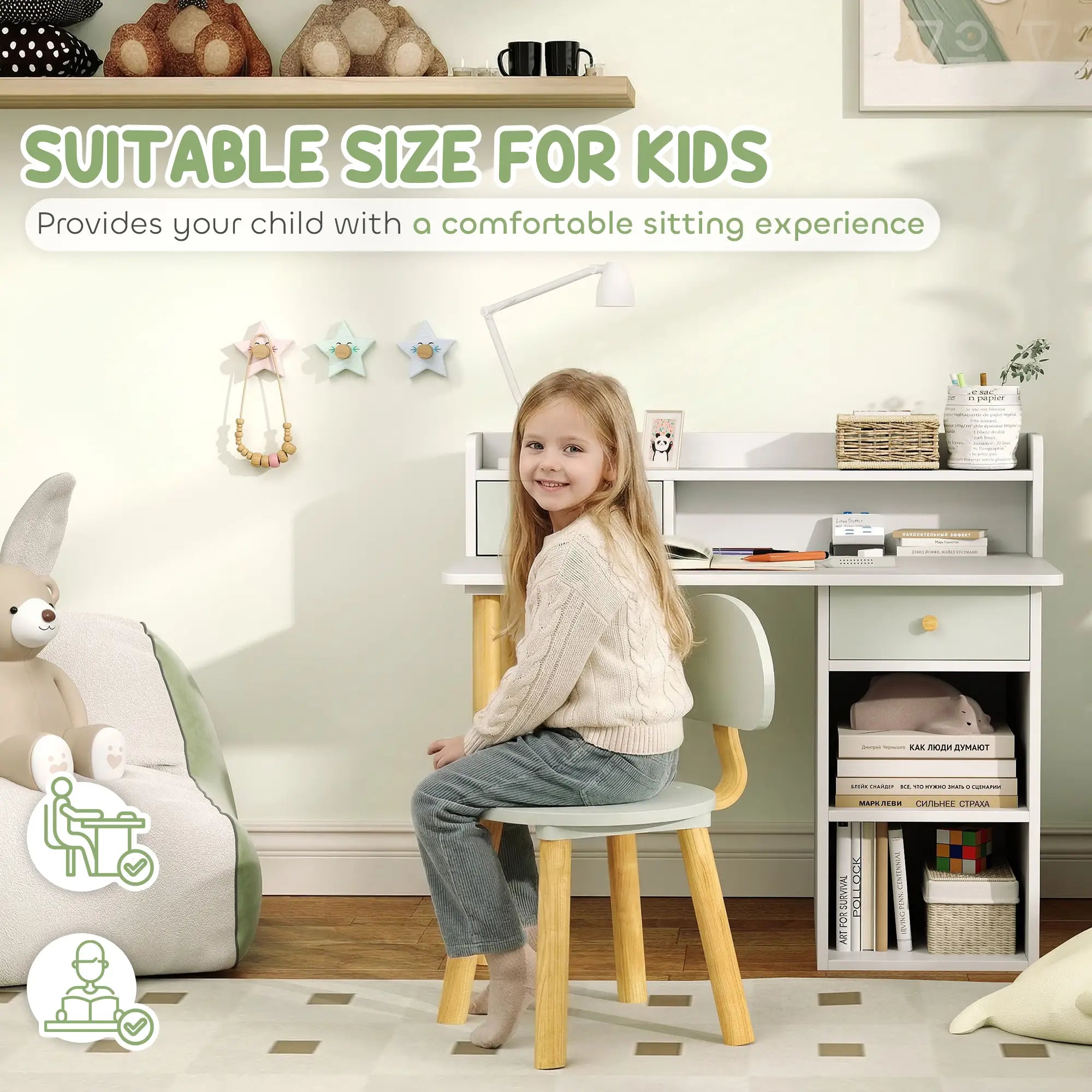Kids Study Table and Chair Set with Storage, for 3-8 Year Old, Green Kids Desk Sets at Gallery Canada