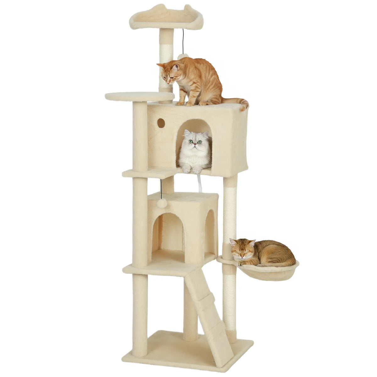 63 Inch Cat Tree, Sisal Scratching Posts, Condos, Perches, Hammock, Ladder, Beige