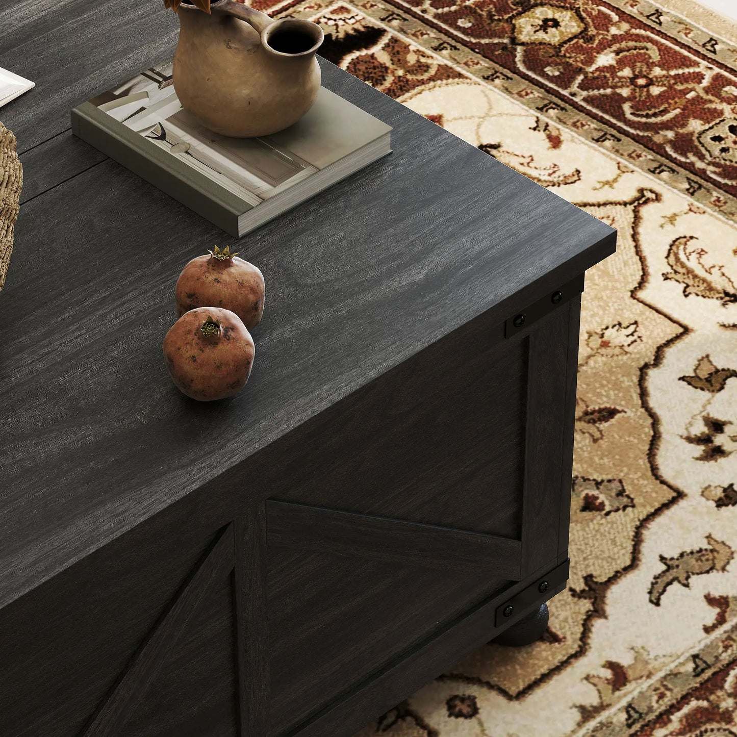 Lift Top Coffee Table, 32" Farmhouse Style, Hidden Compartment, Black Wood Grain, Black