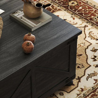 Lift Top Coffee Table, 32" Farmhouse Style, Hidden Compartment, Black Wood Grain, Black