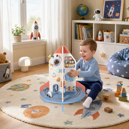 Cube d'activité en bois fusée, trieur de formes et labyrinthe de perles pour tout-petits 24M-6Y