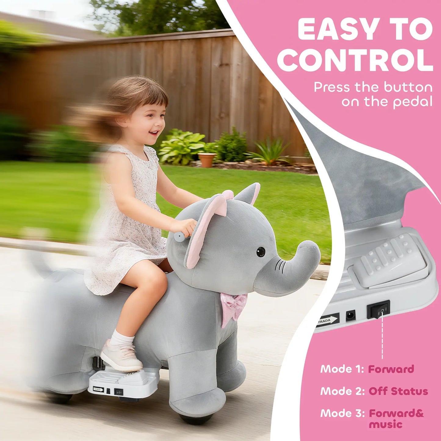 6V Kids Ride On Toy, Horse Elephant, Music, Soft Touch, Silent PU Wheels, For 1.5-5 Years Rocking Horses at Gallery Canada