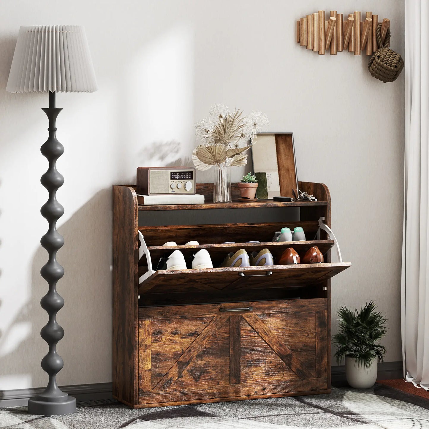 Narrow Shoe Storage Cabinet, 2 Flip Drawers, Adjustable Shelves, Rustic Brown Shoe Storage Cabinets & Racks at Gallery Canada