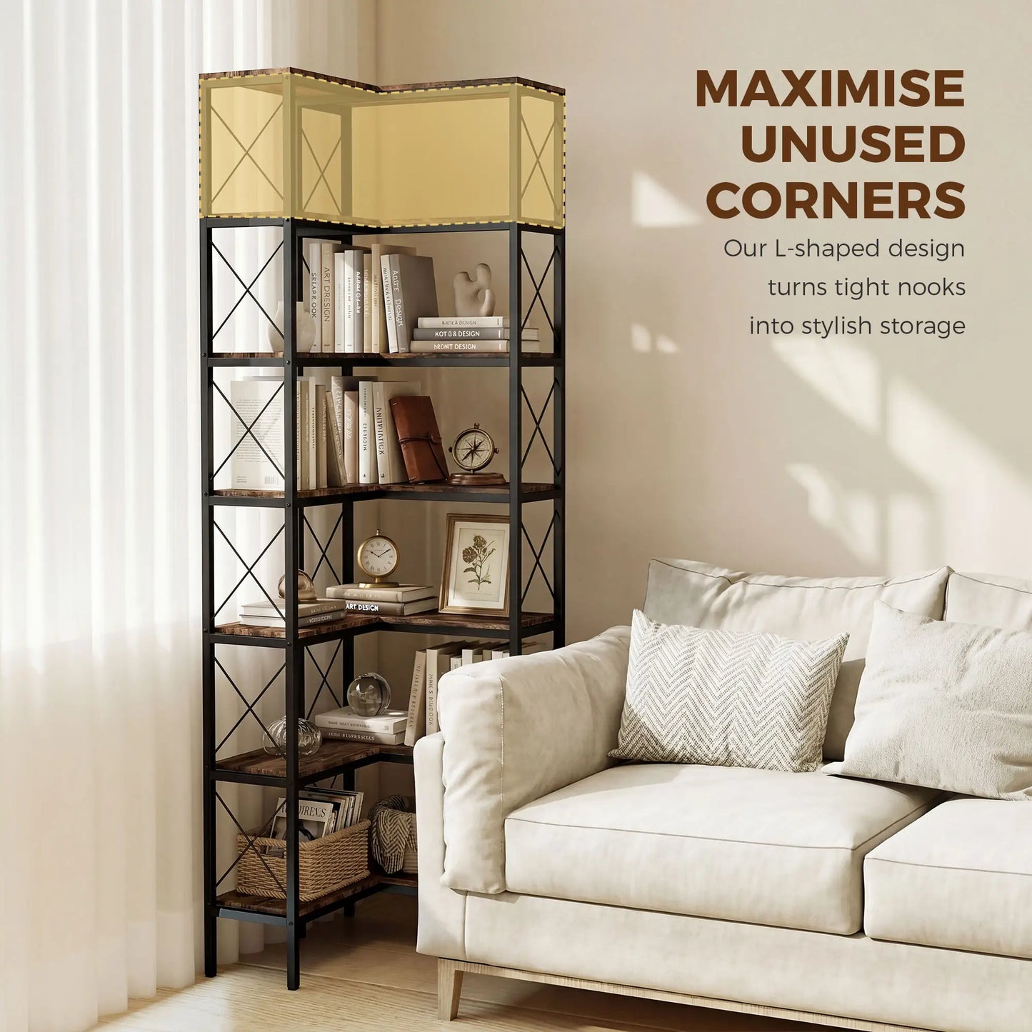 6-Tier L-Shaped Bookshelf, Freestanding Corner Bookcase with Metal Frame, Rustic Brown Display Bookshelves at Gallery Canada