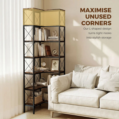 6-Tier L-Shaped Bookshelf, Freestanding Corner Bookcase with Metal Frame, Rustic Brown Display Bookshelves at Gallery Canada