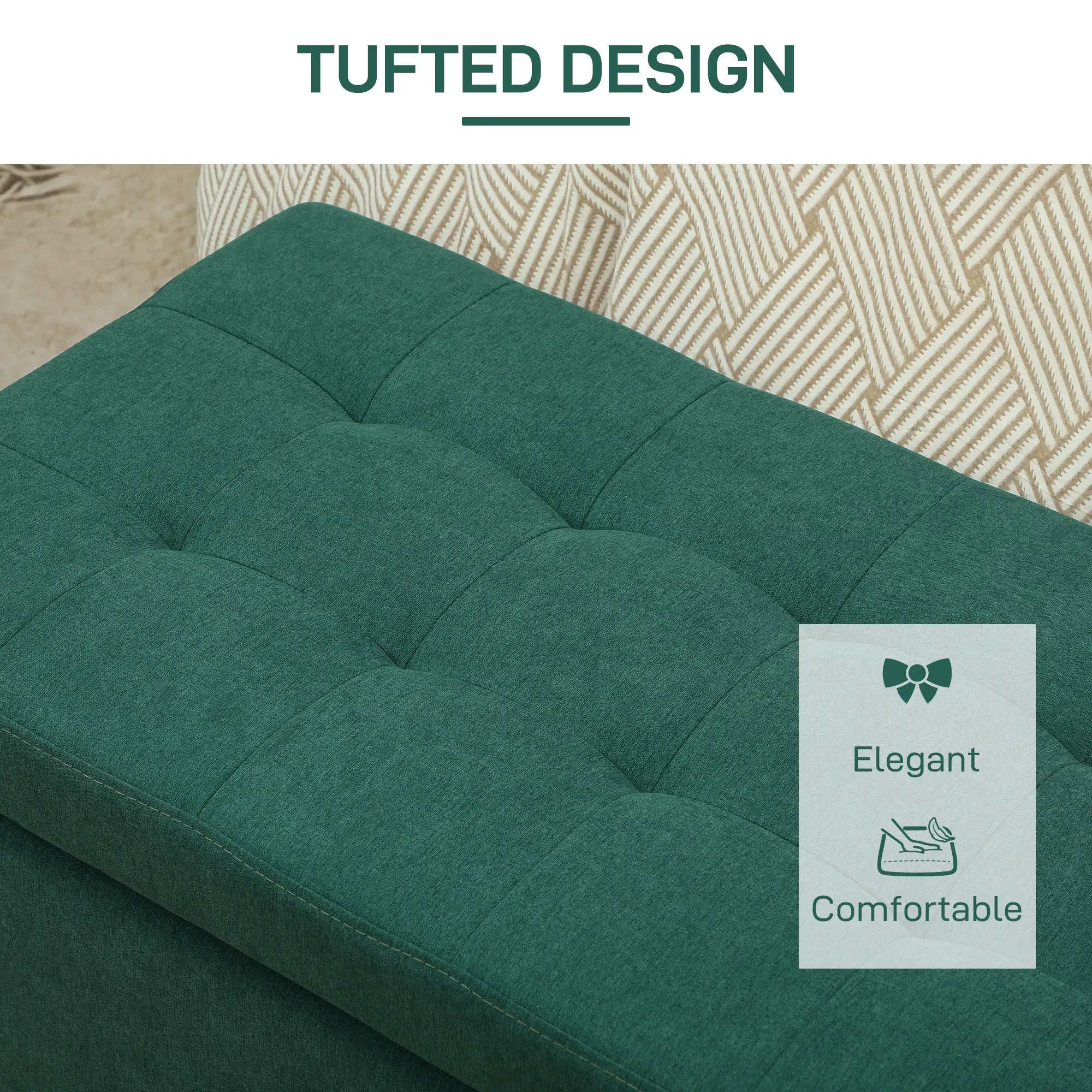 Rectangular Entry Bench, Tufted Upholstered Linen, Wood Feet, Dark Green Storage Ottomans & Benches at Gallery Canada