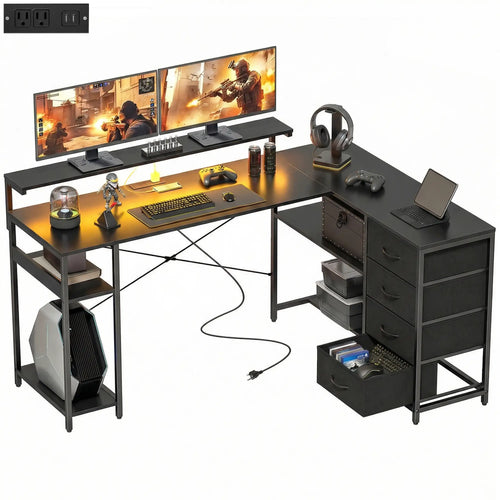 Gaming Desk With Power Outlets, LED Lights, Drawers, Monitor Stand, 61