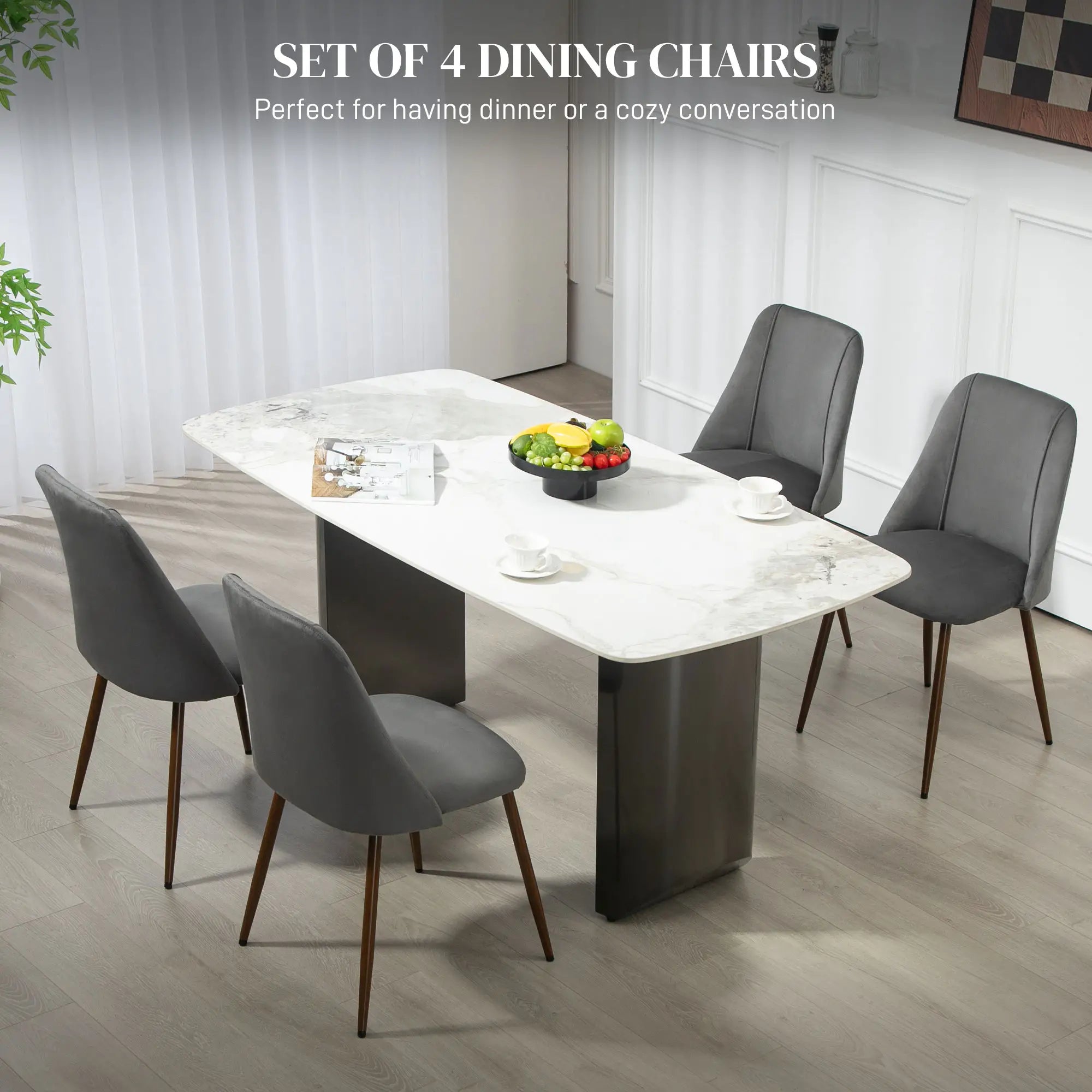 Upholstered Dining Chairs Set of 4, Velvet, Wood-Grain Steel Leg, Dark Grey Dining Chairs at Gallery Canada