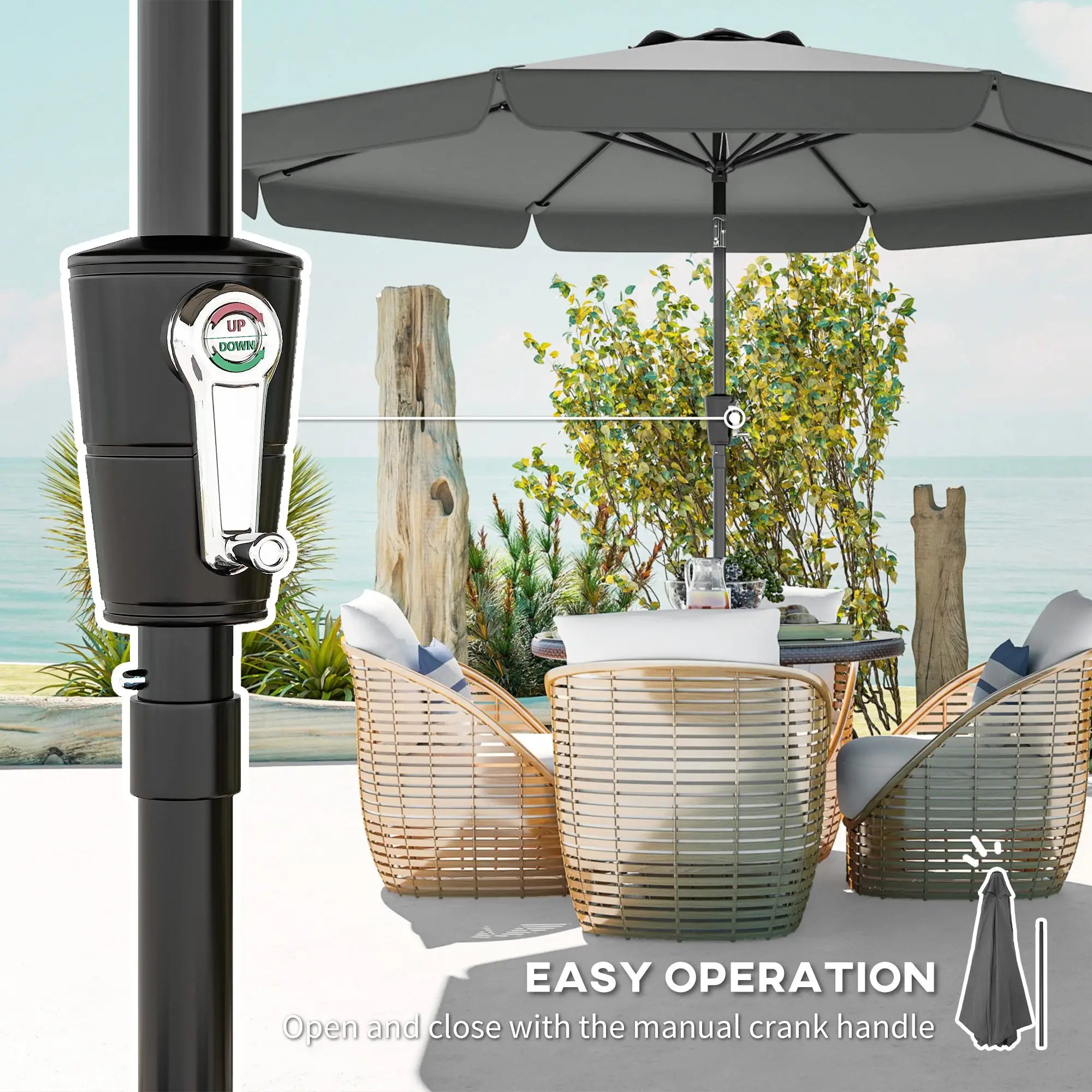10 ft Outdoor Patio Umbrella, Push Button Tilt, Crank, Dark Grey Sun Umbrellas at Gallery Canada