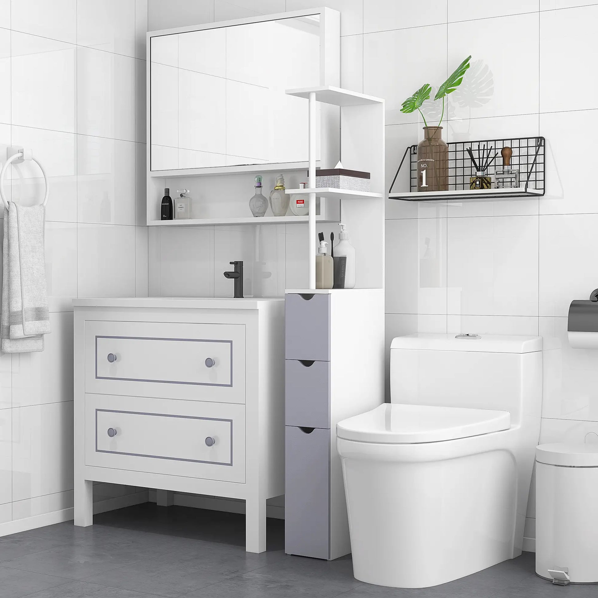 Tall Narrow Bathroom Storage Cabinet with Drawers, Open Shelves, White Grey Bathroom Cabinets at Gallery Canada