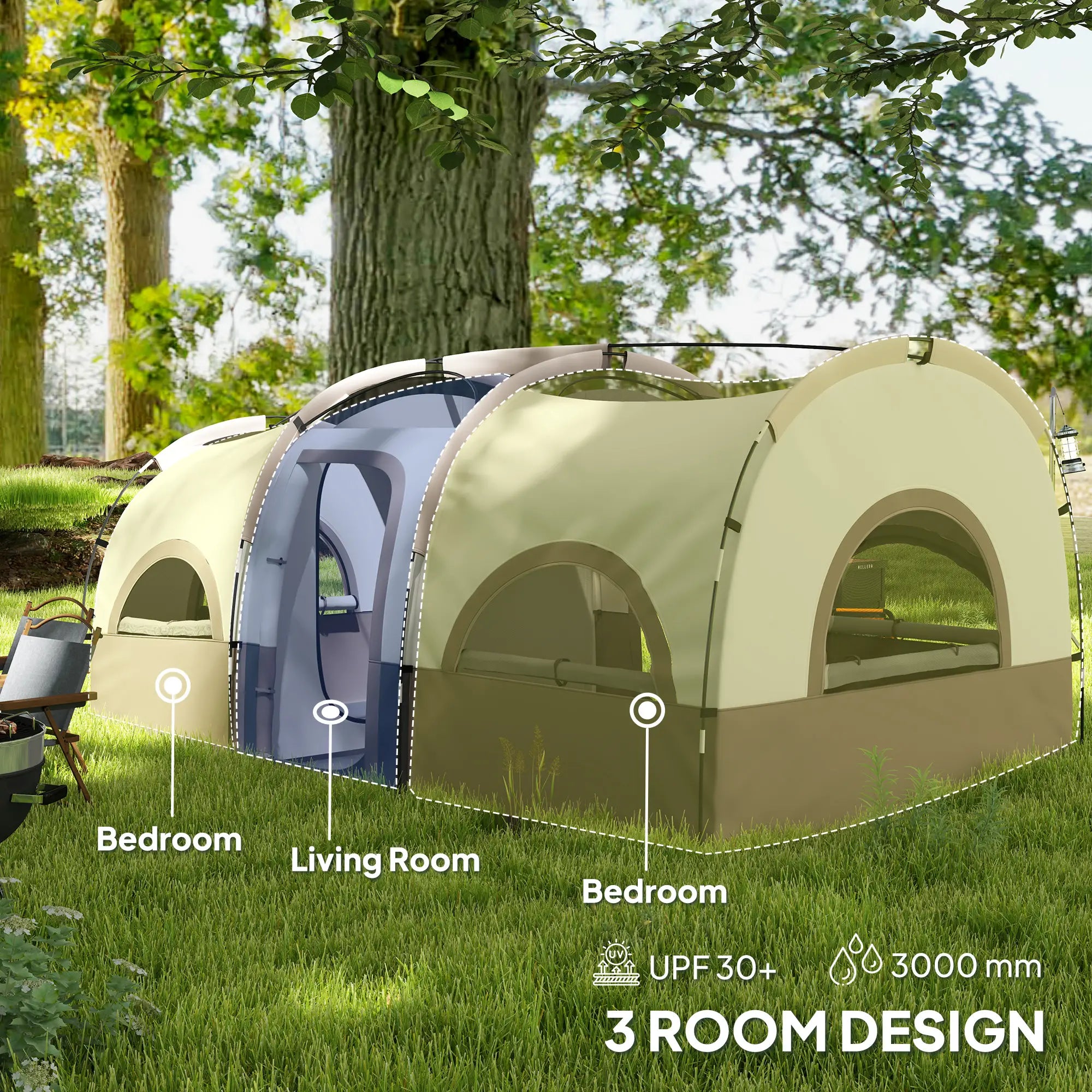 4-6 Person Camping Tent, 3 Room, 3000mm Waterproof, UPF30+, Khaki Camping Tents at Gallery Canada