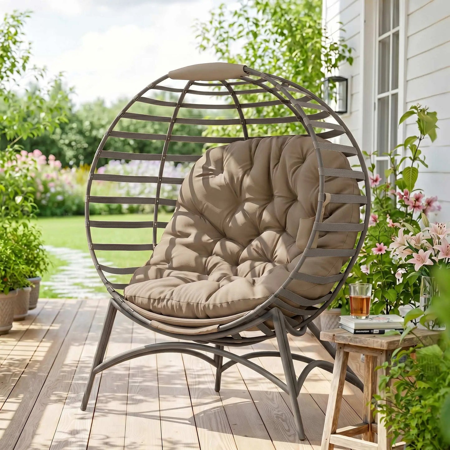 Egg Chair, Patio Lounge Chair, Foldable Basket Chair with Large Seat Cushion, Side Pocket, Sand Patio Chairs at Gallery Canada