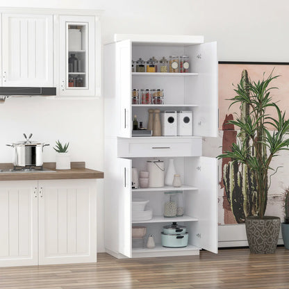 Armoire de stockage "72", Garde-manger de cuisine avec 4 portes, tiroir, 3 étagères, blanc