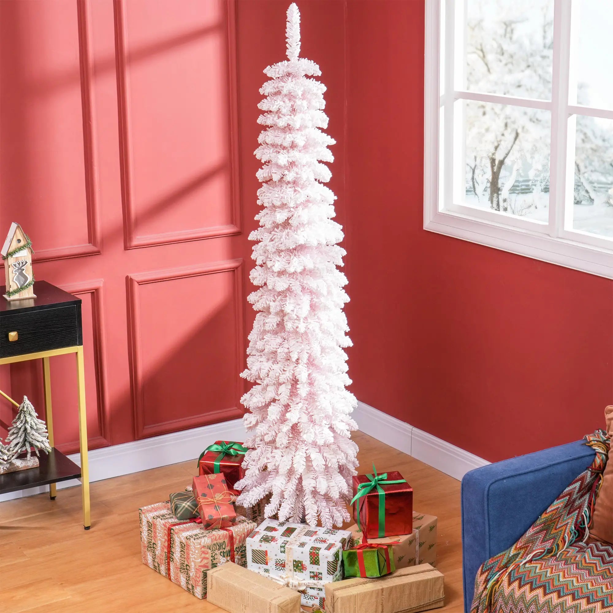 6ft Snow-Flocked Slim Pencil Christmas Tree, 395 Branches, Metal Base, Pink Pencil Christmas Trees at Gallery Canada